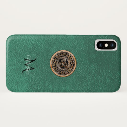 Grünes ledernes BronzeCeltic Triskele Case-Mate iPhone Hülle (Rückseite (Horizontal))