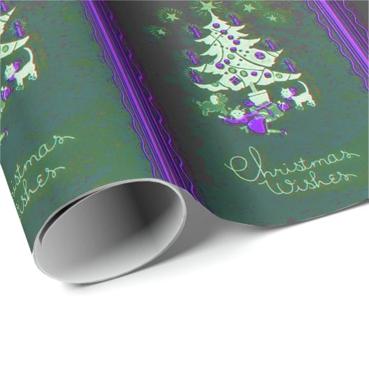 Grünes lila Baum-Weihnachten Vintag Geschenkpapier (Rolleneckpunkt)