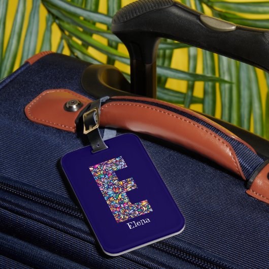Grünes lila gelbes blumenmonogramm Initial E blau Gepäckanhänger (Vorderseite Insitu 1)