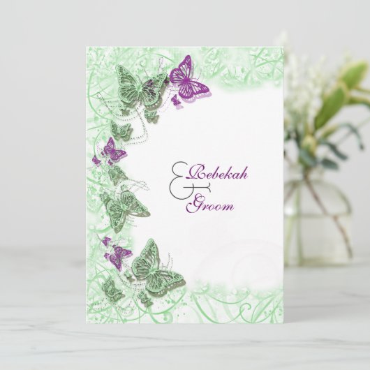 Grünes lila Hochzeitstag Verlobung Einladung (Stehend Vorderseite)