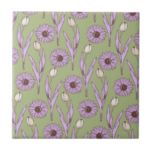Grünes lila Retro Y2K funky Hippie-Blumenmuster Fliese