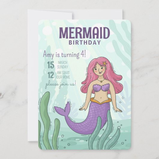 Grünes Lila unter Meerjungfrau Geburtstag Einladung (Vorderseite)