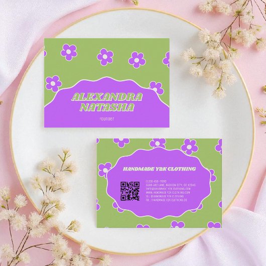 Grünes Lila Y2K Blume Handgefertigte Kleidung Visitenkarte