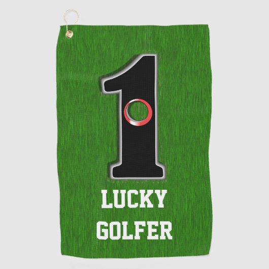 Grünes Loch in einem glücklichen Golfer mit Text Golfhandtuch (Vorderseite)