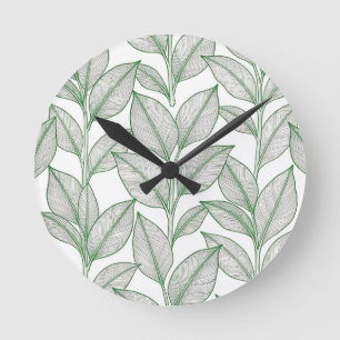 Grünes Lorbeerblatt Botanisches Muster Runde Wanduhr