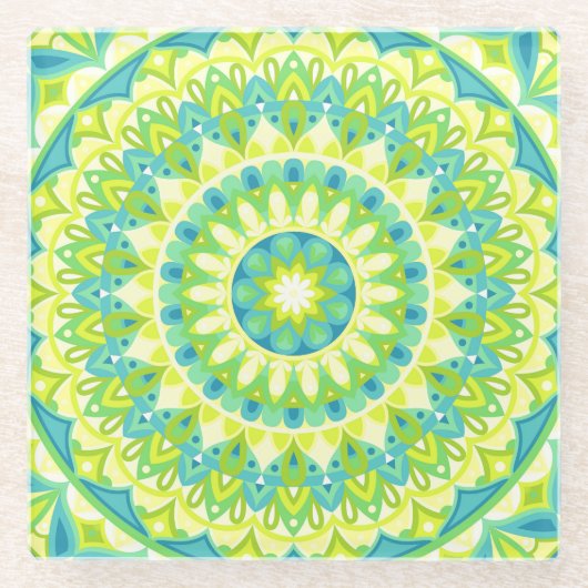 Grünes Mandala Naturinspiriertes Boho Lebendiges M Glasuntersetzer (Vorderseite)