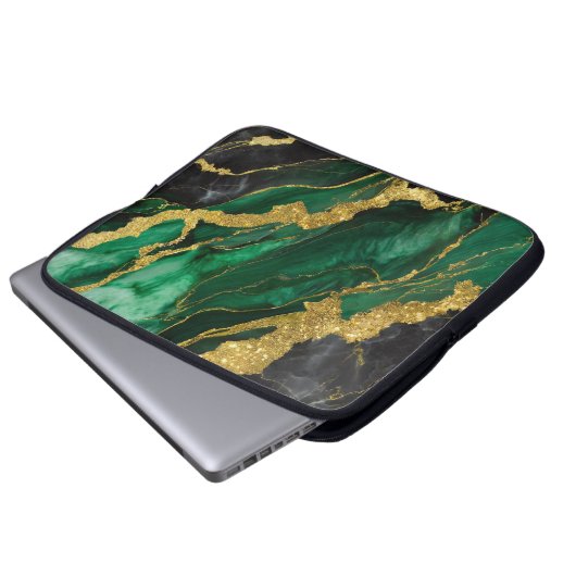 Grünes Marmormuster mit Gold Laptopschutzhülle (Vorne Knopf)