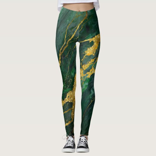 Grünes Marmormuster mit Gold Leggings (Vorderseite)