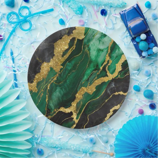 Grünes Marmormuster mit Gold Pappteller (Party)