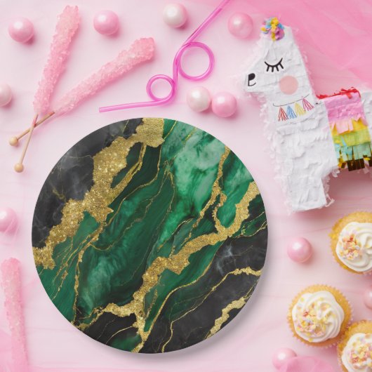 Grünes Marmormuster mit Gold Pappteller (Party)