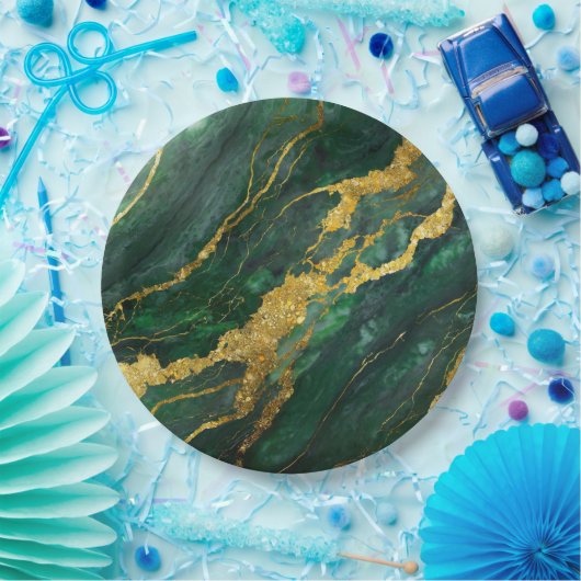 Grünes Marmormuster mit Gold Pappteller (Party)