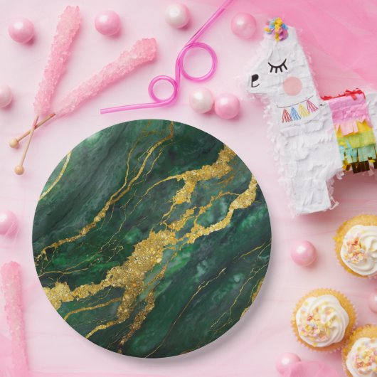 Grünes Marmormuster mit Gold Pappteller (Party)