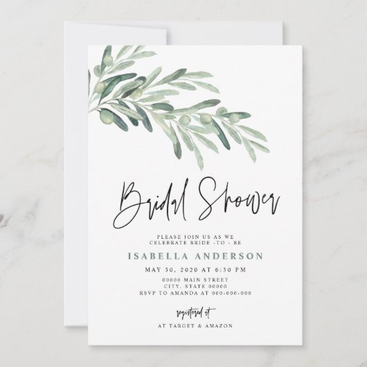 Grünes mediterranes Olive Branch Brautparty Einladung (Vorderseite)