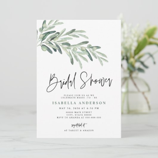 Grünes mediterranes Olive Branch Brautparty Einladung (Stehend Vorderseite)