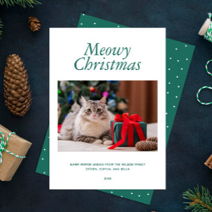 Grünes "Meowy Weihnachten" Personalisiertes Foto Feiertagskarte