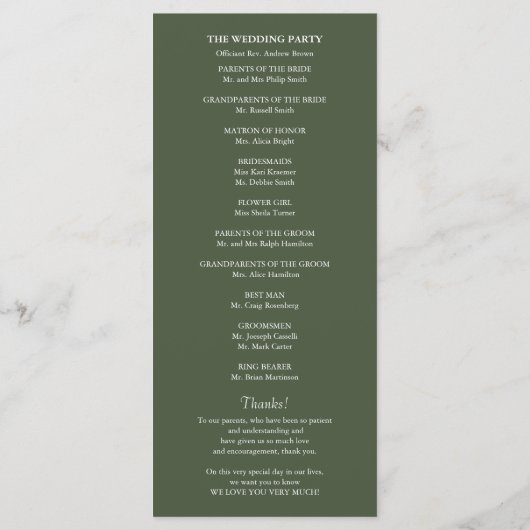 Grünes Minimalistisches Hochzeitsprogramm für den  Programm (Rückseite)