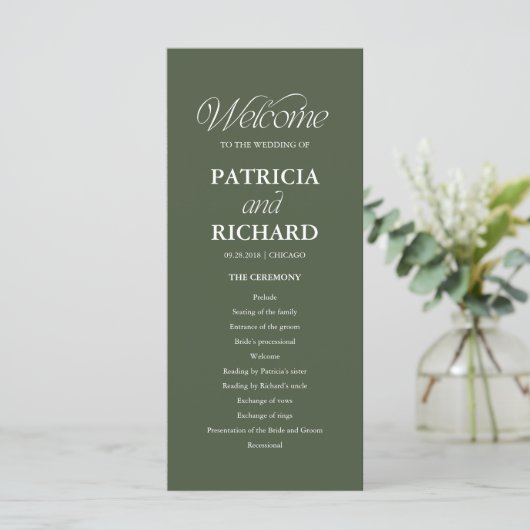Grünes Minimalistisches Hochzeitsprogramm für den Programm (Stehend Vorderseite)