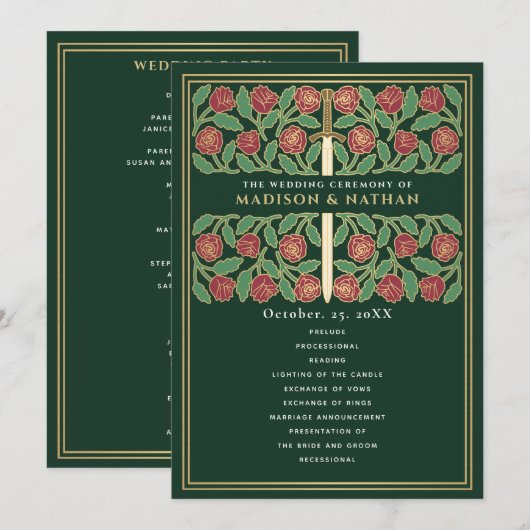 Grünes mittelalterliches goldenes florales Schwert Programm (Vorne/Hinten)