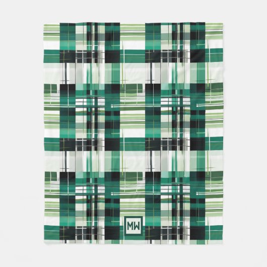 Grünes modernes kariert geometrisches Monogramm Fleecedecke (Vorderseite)