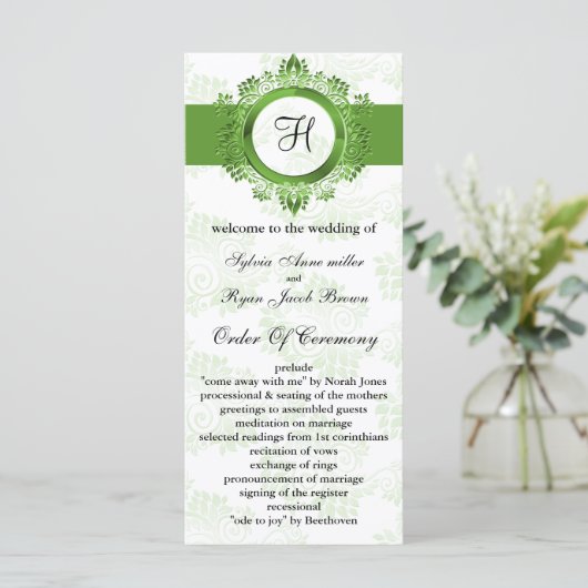 grünes Monografie-Hochzeitsprogramm Programm (Stehend Vorderseite)