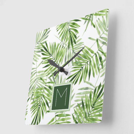 Grünes Monogramm der Palmblatt-| Quadratische Wanduhr (Winkel)