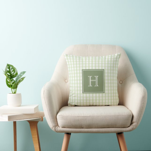 Grünes Monogramm Gingham Pastell Buffalo Karo  Kissen (Stuhl )