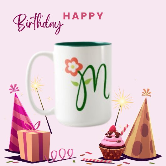 Grünes Monogramm, Orangefarbene Blume Zweifarbige Tasse