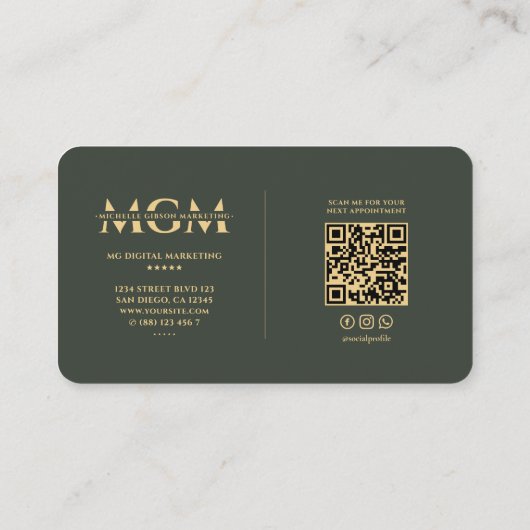 Grünes Monogramm QR mit Minimalistischem Marketing Visitenkarte (Rückseite)