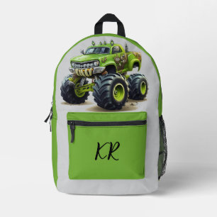 Grünes Monster Truck Orange Flammen Initialen für  Bedruckter Rucksack