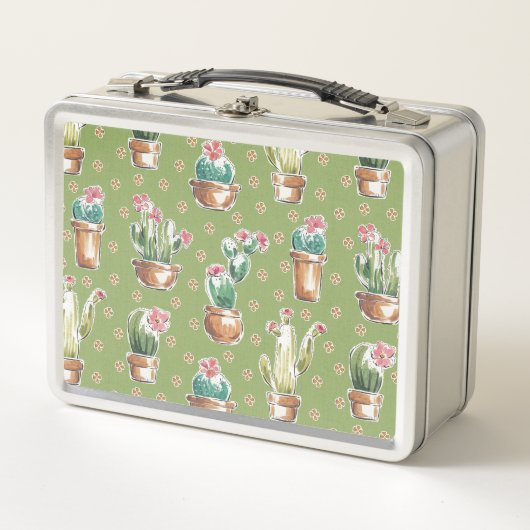 Grünes Muster des Wüsten-Blüten-Schritt-| Metall Lunch Box (Vorderseite)