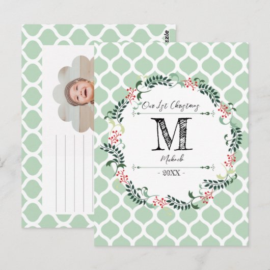 Grünes Muster Frohe Weihnachtskleider Monogram Bab Postkarte (Vorne/Hinten)