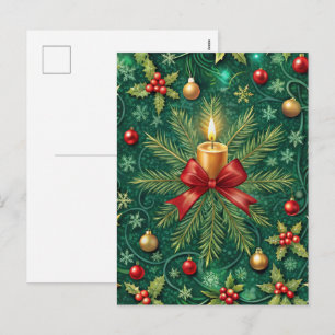 Grünes Muster Goldene Kerze Poinsettie-Blume Feiertagspostkarte