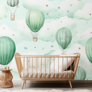 Grünes Muster mit Wolken und Heißluftballons Tapete