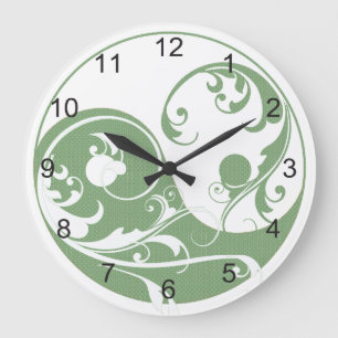 Grünes Muster und Weißes Yin & Yang Große Wanduhr