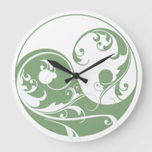 Grünes Muster und Weißes Yin & Yang Große Wanduhr