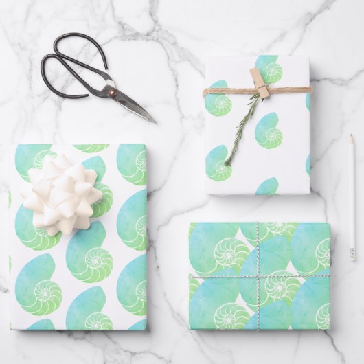 Grünes Nautilus Wrapping-Papier Geschenkpapier Set (Vorderseite)