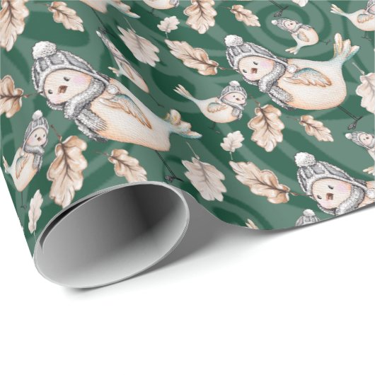 Grünes Niedliches Sparrow Wasserfarbe Handgestrich Geschenkpapier (Rolleneckpunkt)