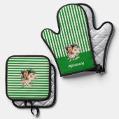 Grünes Oberteil mit weißen Streifen Ofenhandschuh & Topflappen-Set (Vorderseite/Rückseite)
