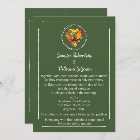 Grünes Obstherz Veganes Hochzeitsgeschenk Einladung (Vorne/Hinten)