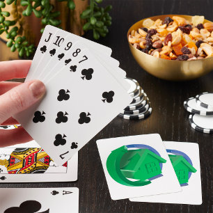 Grünes Öko-Haus mit kreisförmigen Pfeilen Spielkarten