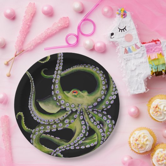 Grünes Oktopus Schwarz Pappteller (Party)