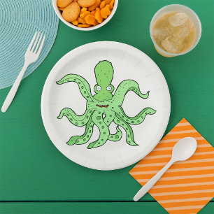 Grünes Oktopus-Zeichen Quirky-Seemonster Pappteller