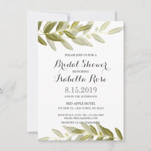 Grünes Olive Branch Brautparty laden Einladung (Vorderseite)