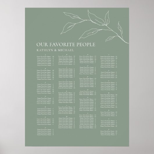 Grünes Olive Leaf Hochzeit Alphabetisches Sitzen Poster (Vorne)