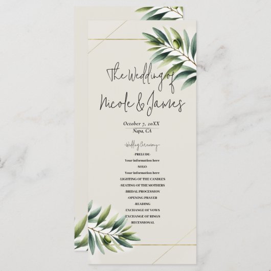 Grünes Olive Leaf Knochen Weißes & Gold Rustikales Programm (Vorne/Hinten)