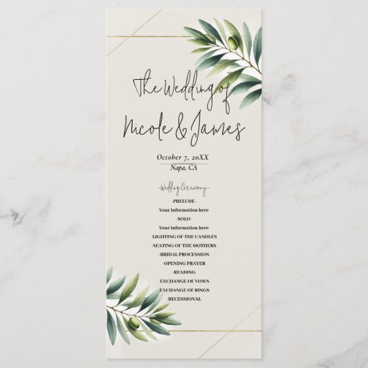 Grünes Olive Leaf Knochen Weißes & Gold Rustikales Programm (Vorderseite)