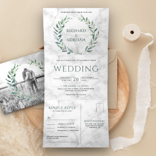 Grünes Olive Leaf Wreath Wedding Foto Dreifach Gefaltete Einladung