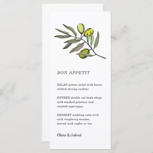 Grünes Olivenöl. Einfache moderne Hochzeitskarte Menükarte (Vorne/Hinten)