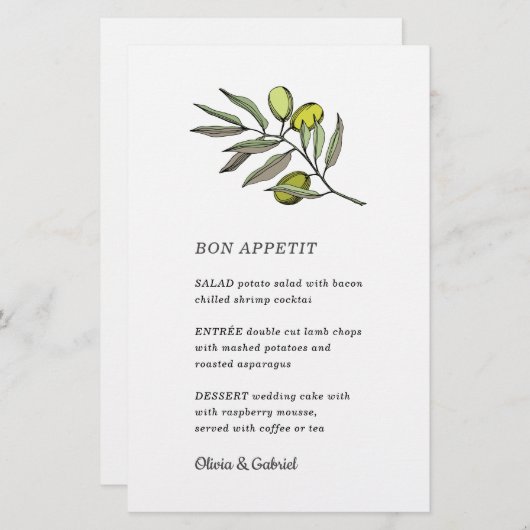 Grünes Olivenöl. Stilvolle extravagante Hochzeitsk (Vorne/Hinten)