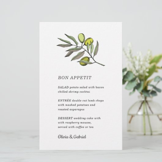 Grünes Olivenöl. Stilvolle extravagante Hochzeitsk (Stehend Vorderseite)